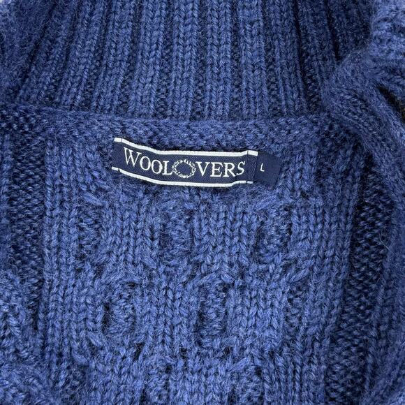 Woolovers Sweater L Blue Chunky Fisherman Cable Heavyweight 100% British Wool - Picture 2 of 12